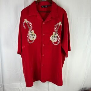 Dragonfly Mens Red Guitar Music Embroidered Short Sleeve Button Shirt XXL *Flaw